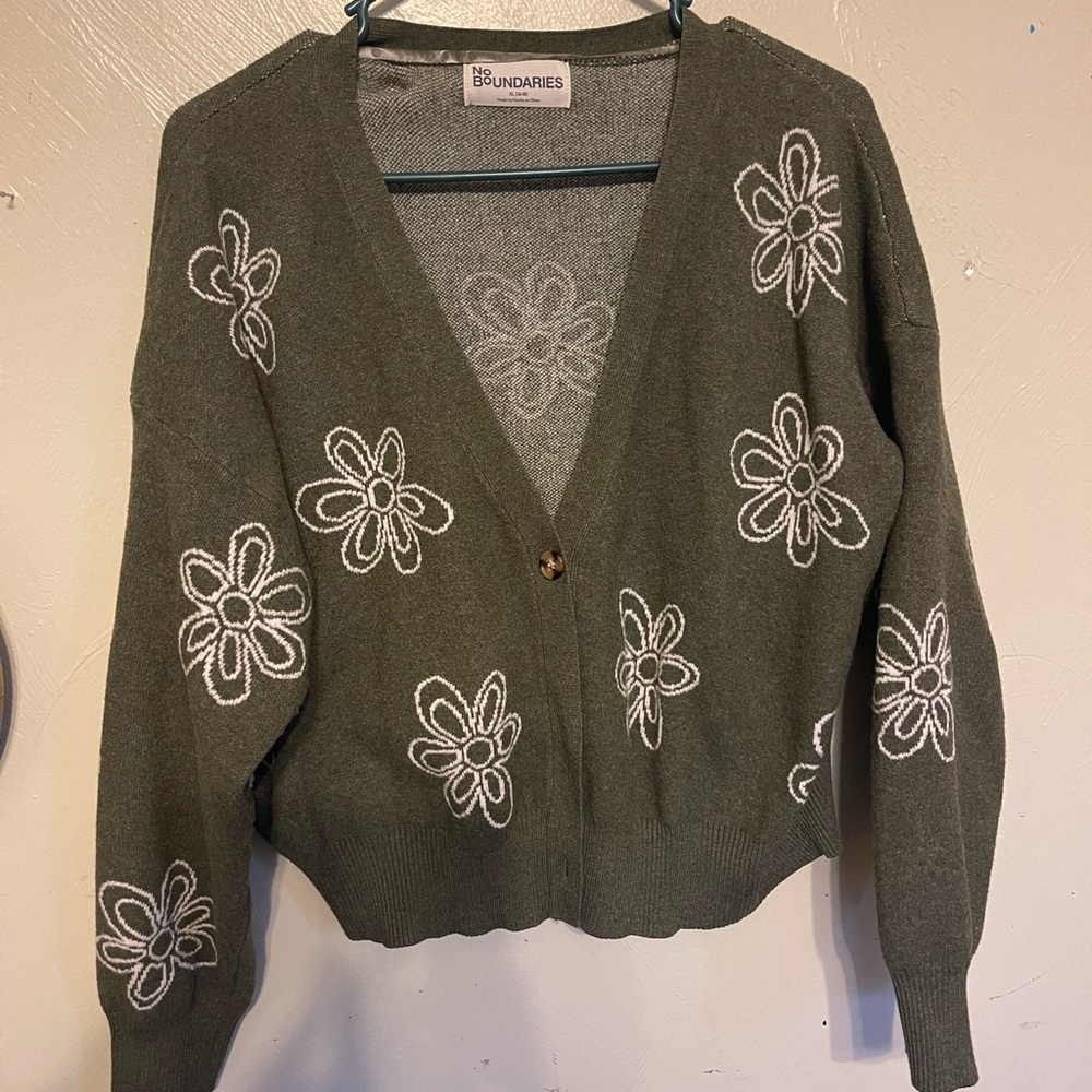 Women's Green Daisy Cropped Cardigan